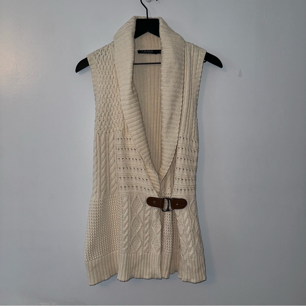 LAUREN Ralph Lauren Buckle Closure Shawl Neck Sweater Vest, Size M, Cream Brown